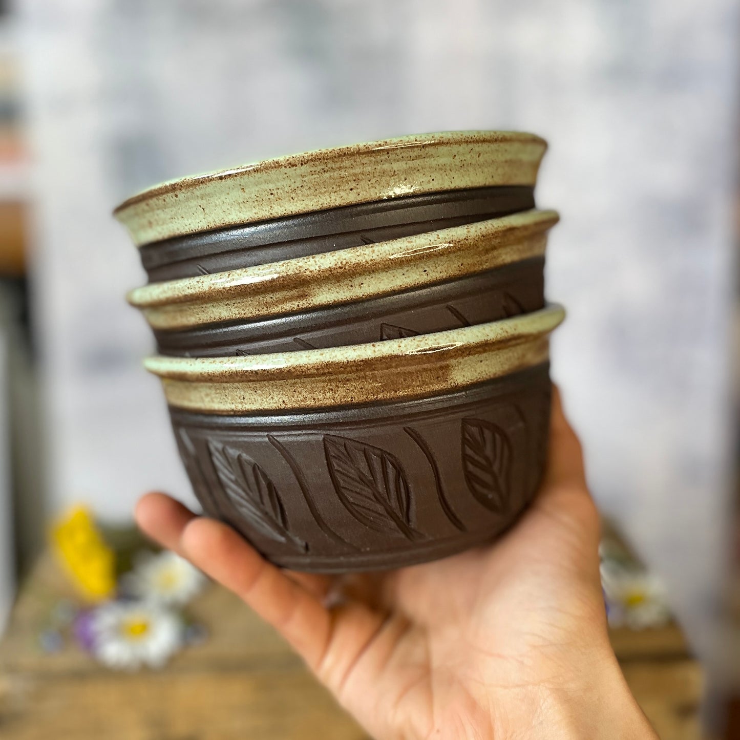 86. Set of Three 3"x5.5" Hand Carved Leaf Bowls