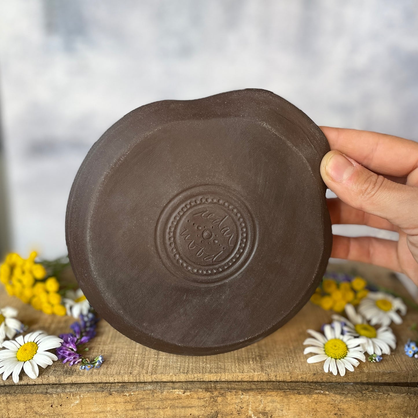 91. Hand Carved 6" Shino Flower Spoon Rest