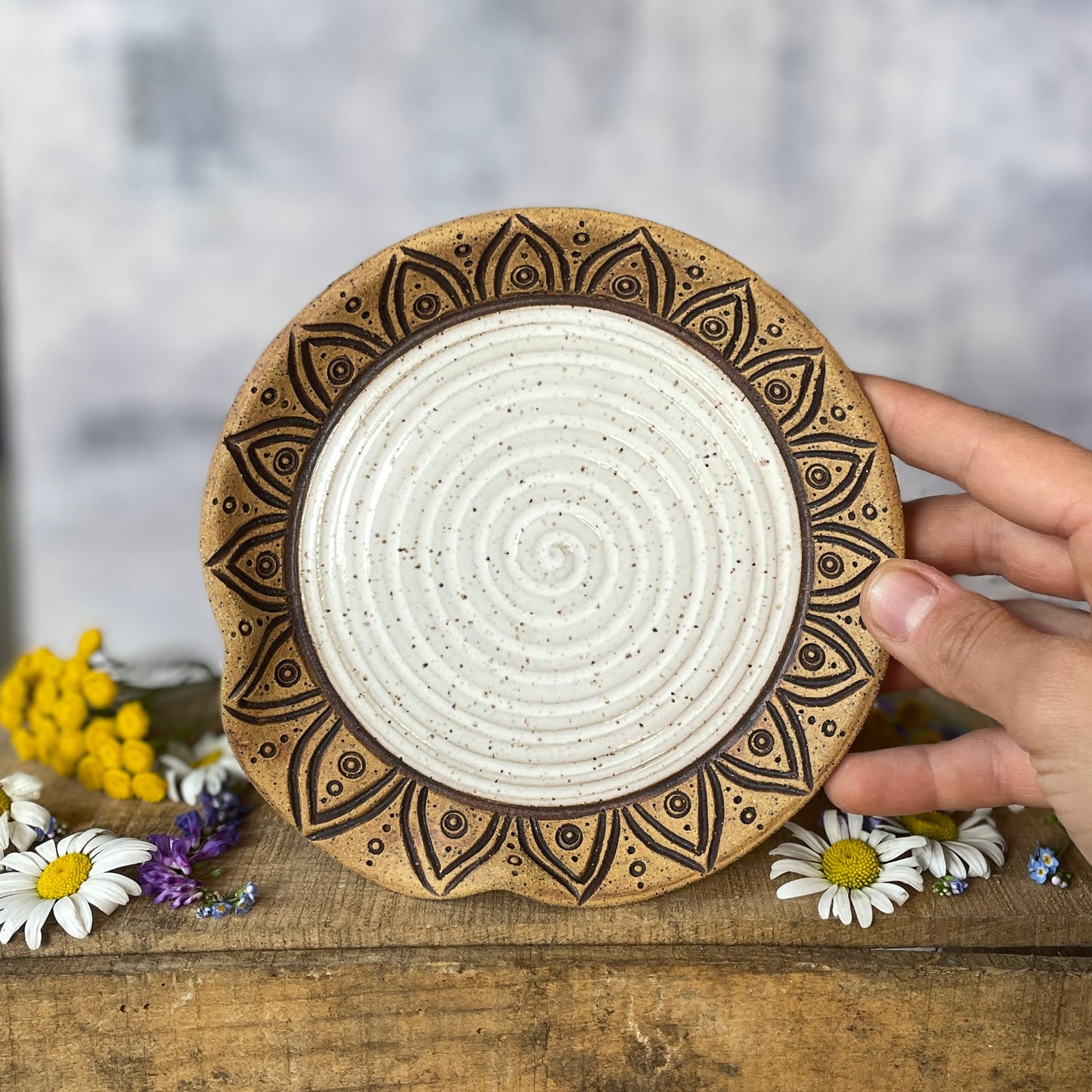 92. 6" Hand Carved Flower Spoon Rest