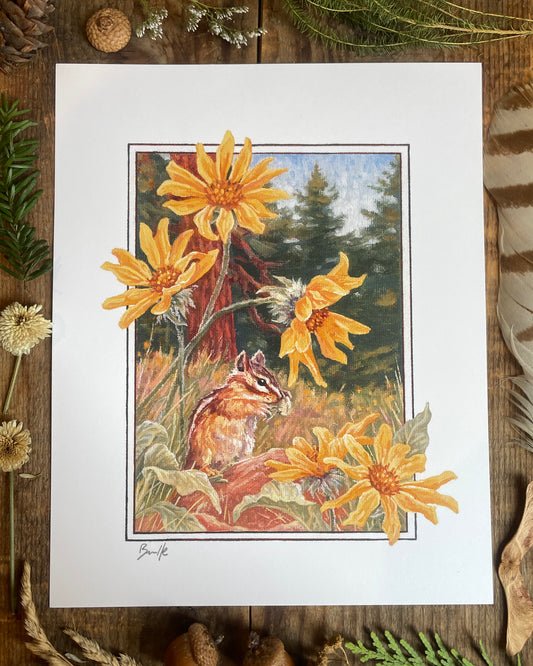 Chipmunk and Balsamroot 8x10 Print
