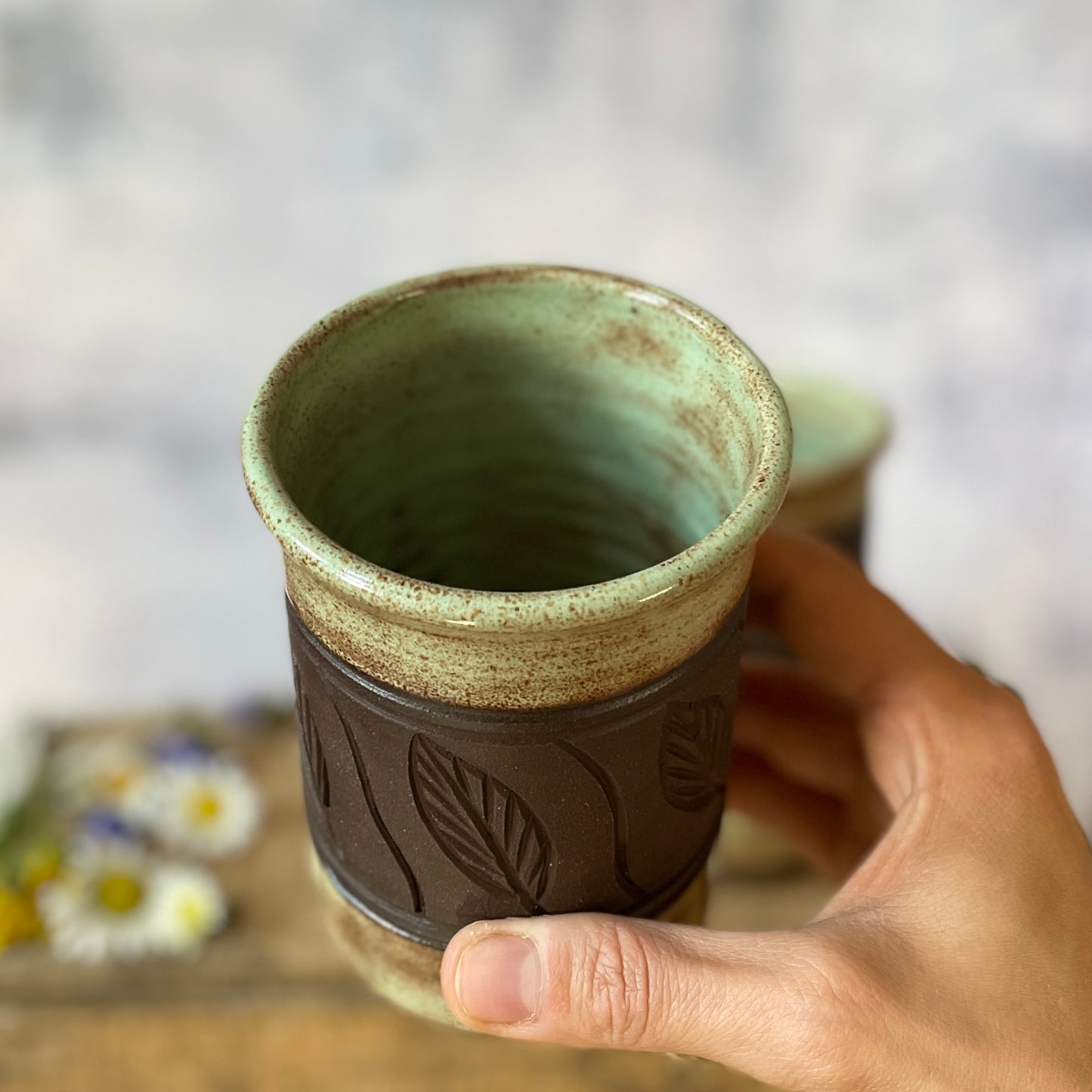 41. 15oz. Set of Two Shino leaf Tumblers