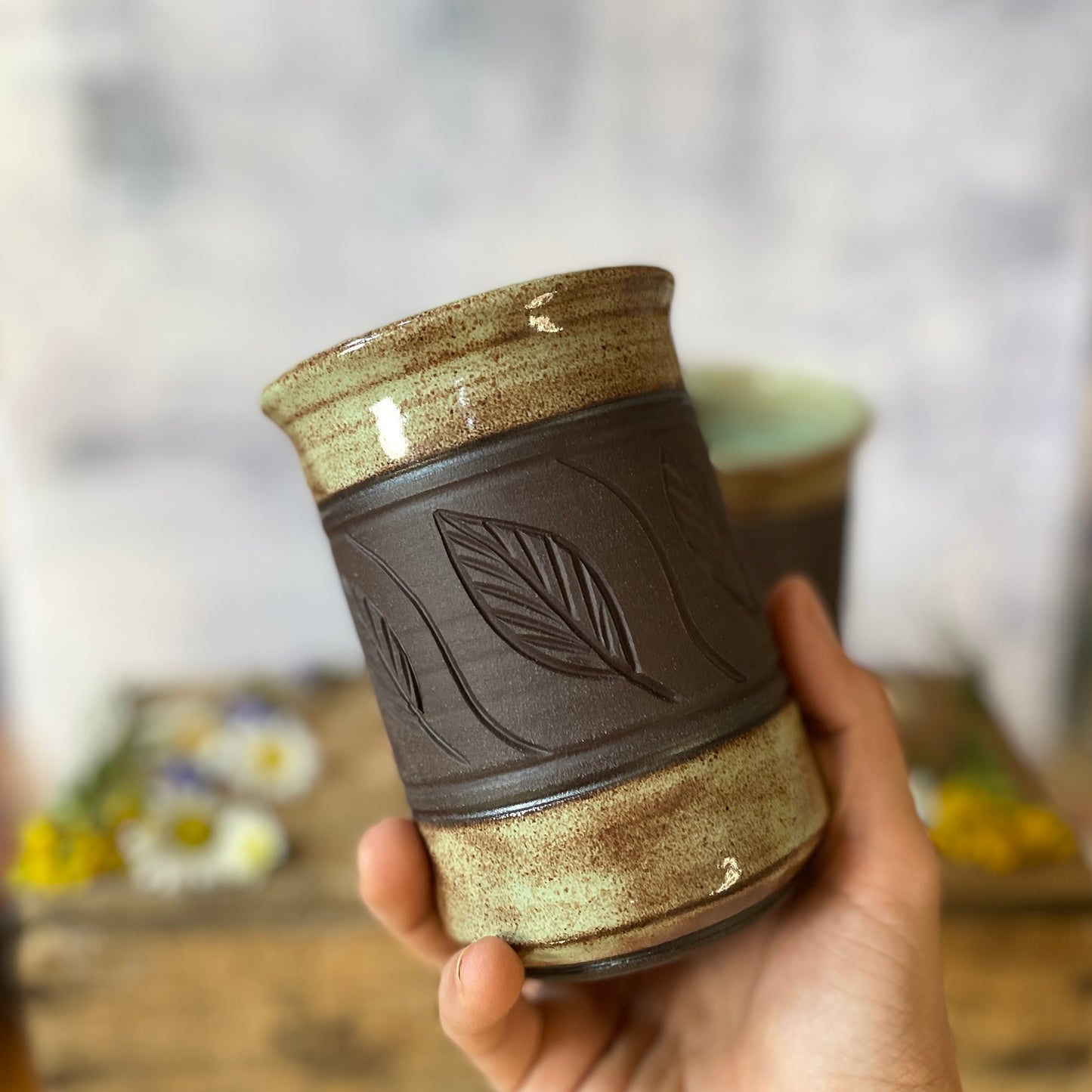 41. 15oz. Set of Two Shino leaf Tumblers