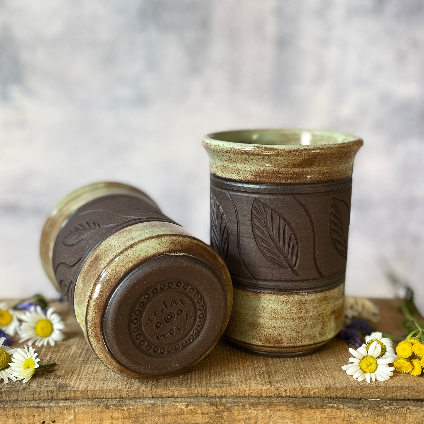 41. 15oz. Set of Two Shino leaf Tumblers