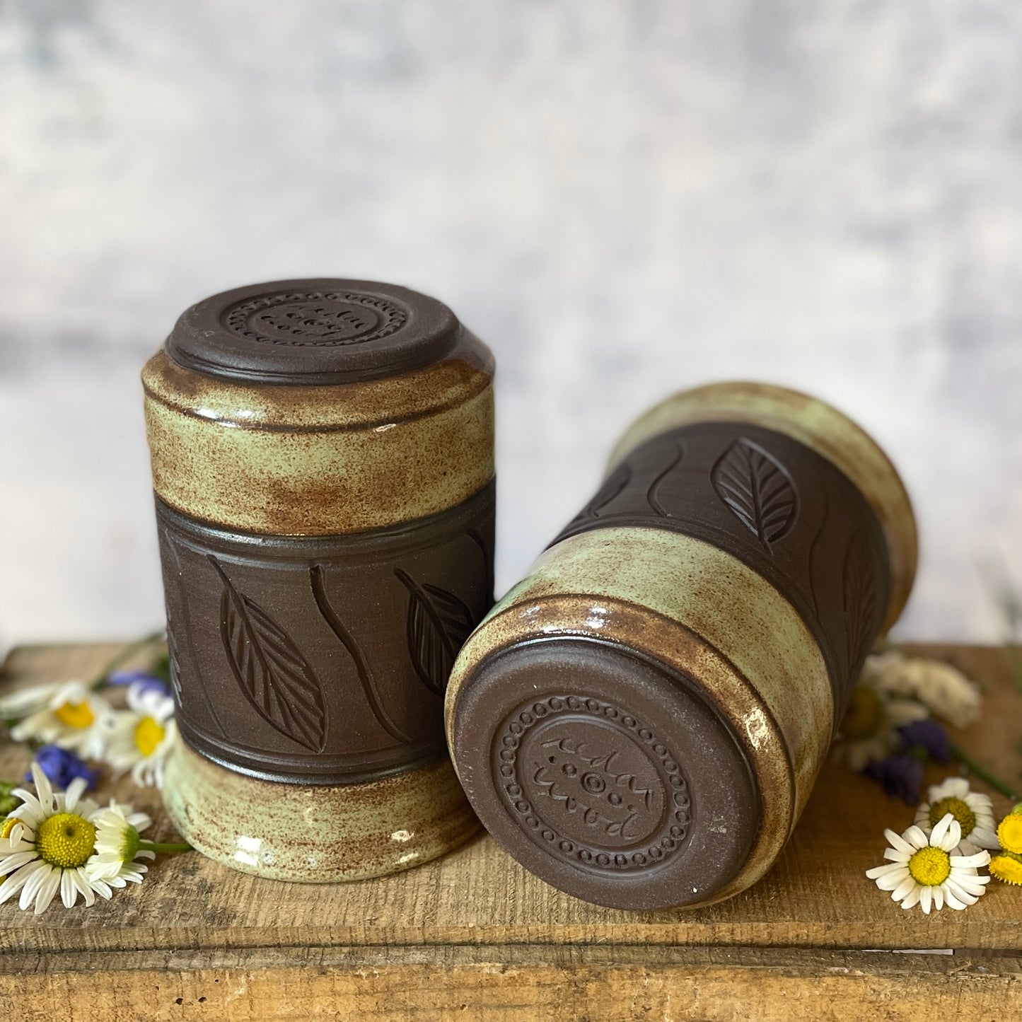 41. 15oz. Set of Two Shino leaf Tumblers