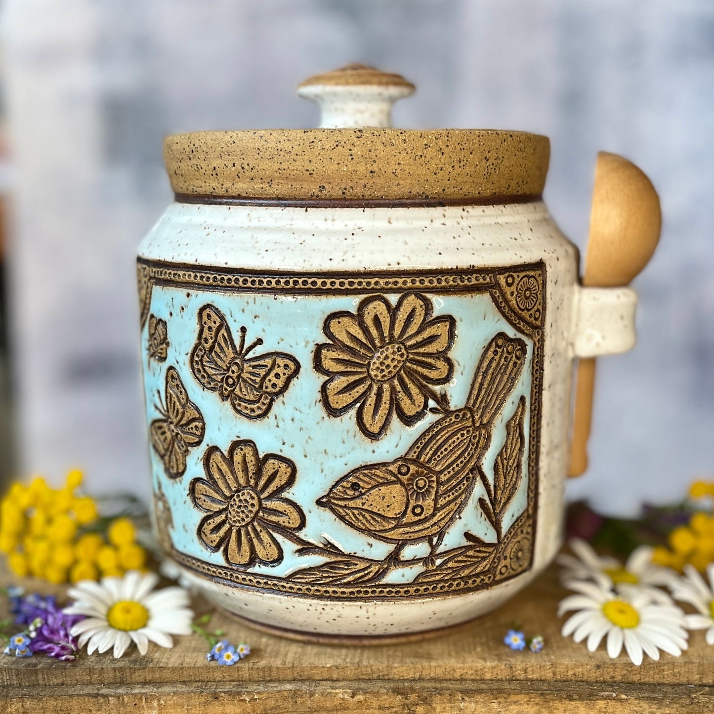 70. 60oz. Chickadee and Wildflower Jar with Scoop