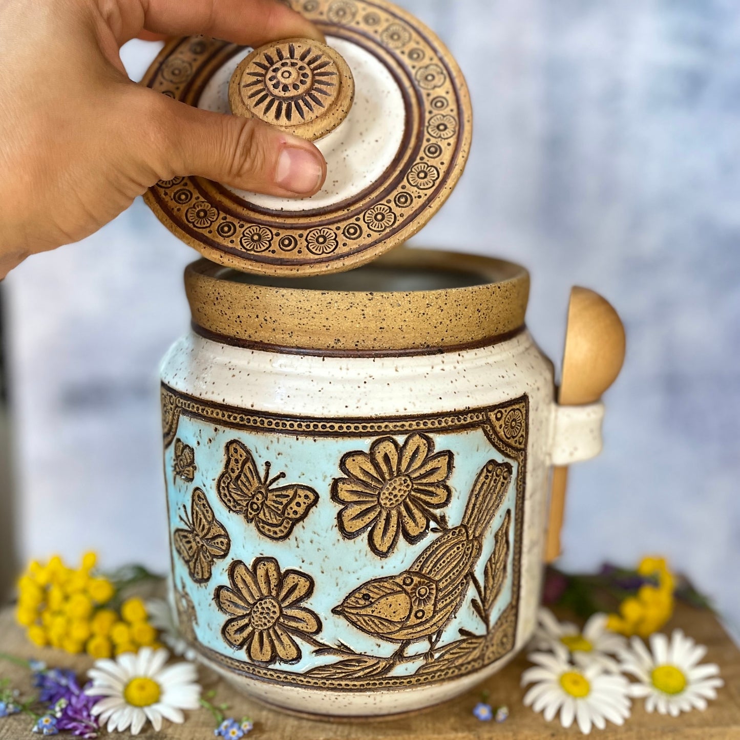70. 60oz. Chickadee and Wildflower Jar with Scoop