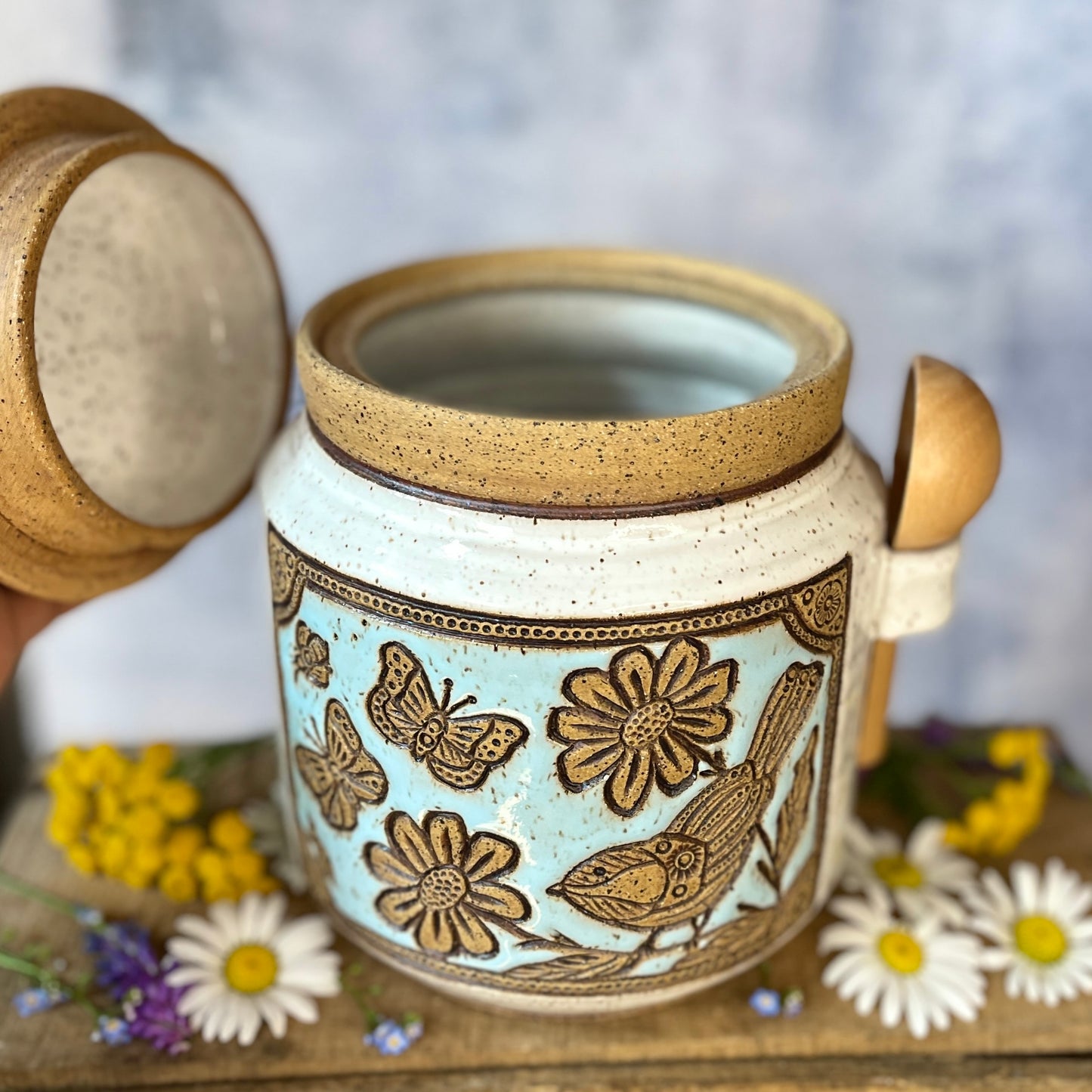 70. 60oz. Chickadee and Wildflower Jar with Scoop
