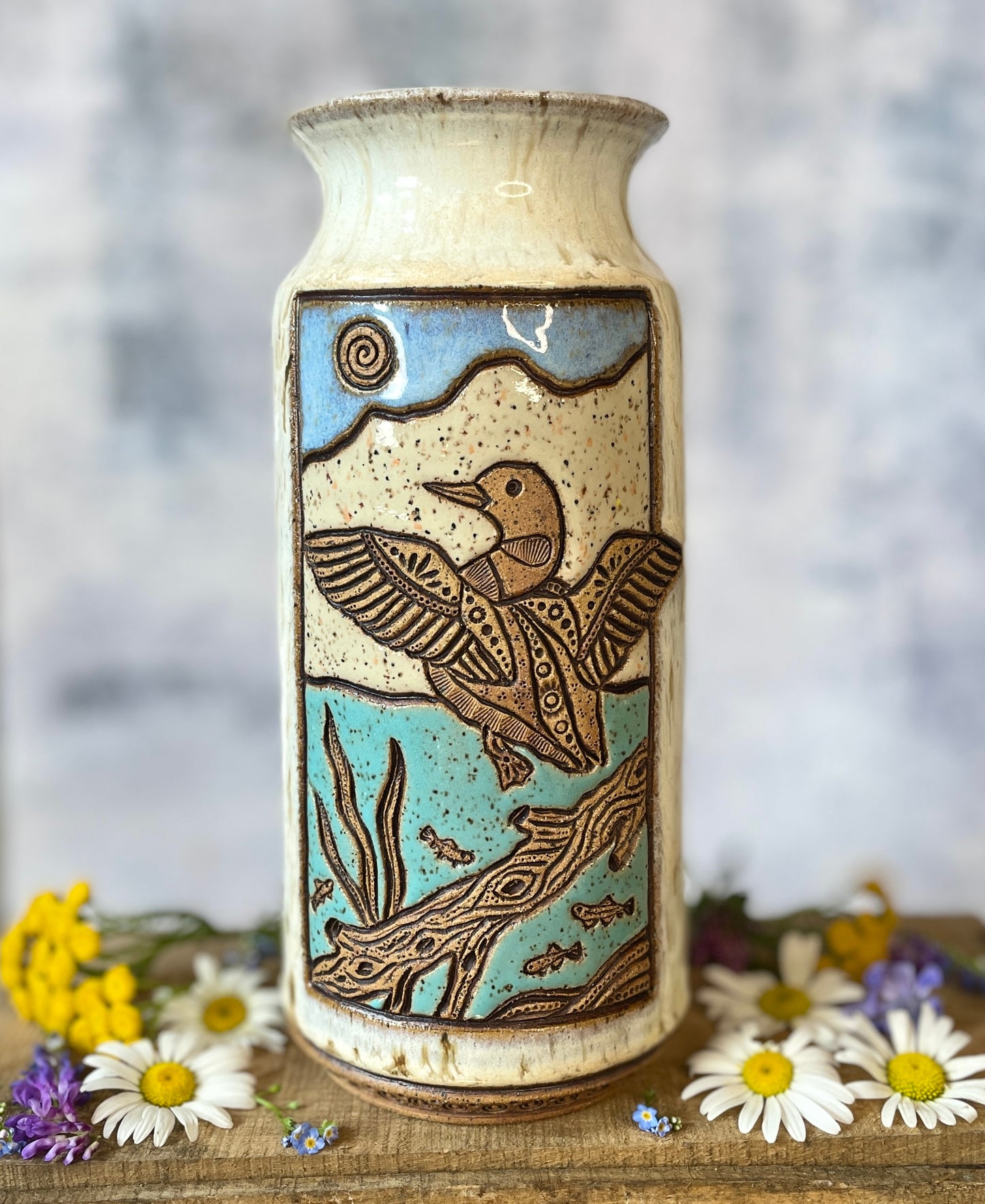 73. 8.75" Loon and Minnows Vase