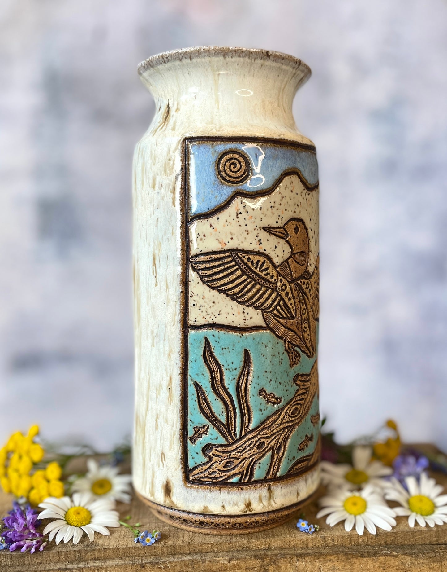 73. 8.75" Loon and Minnows Vase