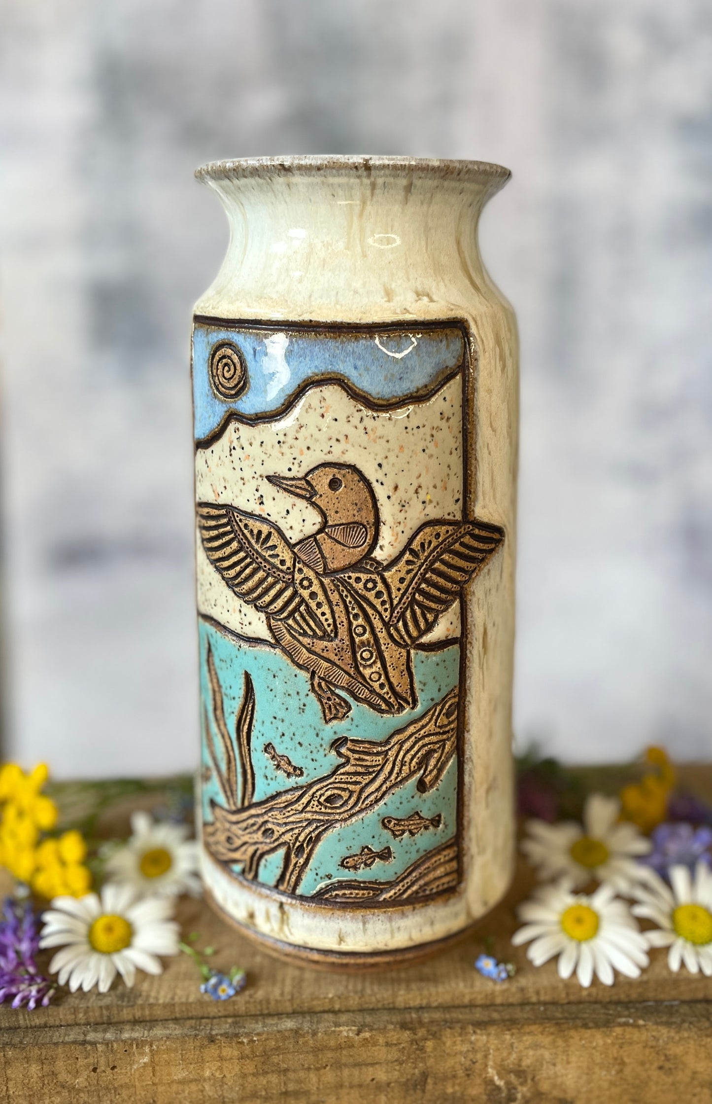 73. 8.75" Loon and Minnows Vase