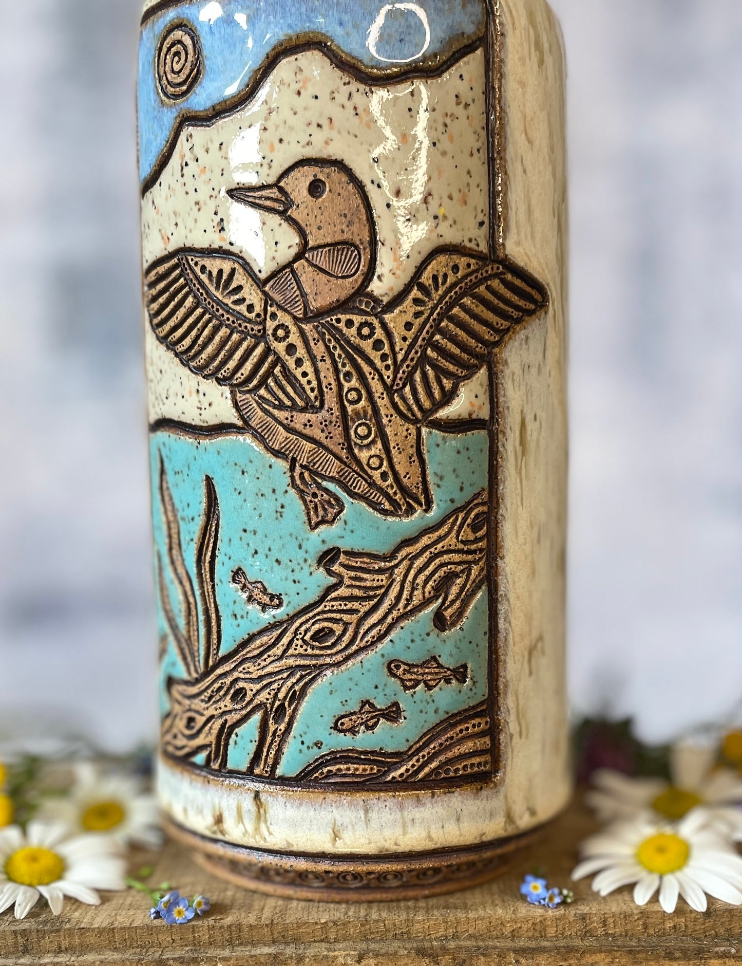73. 8.75" Loon and Minnows Vase