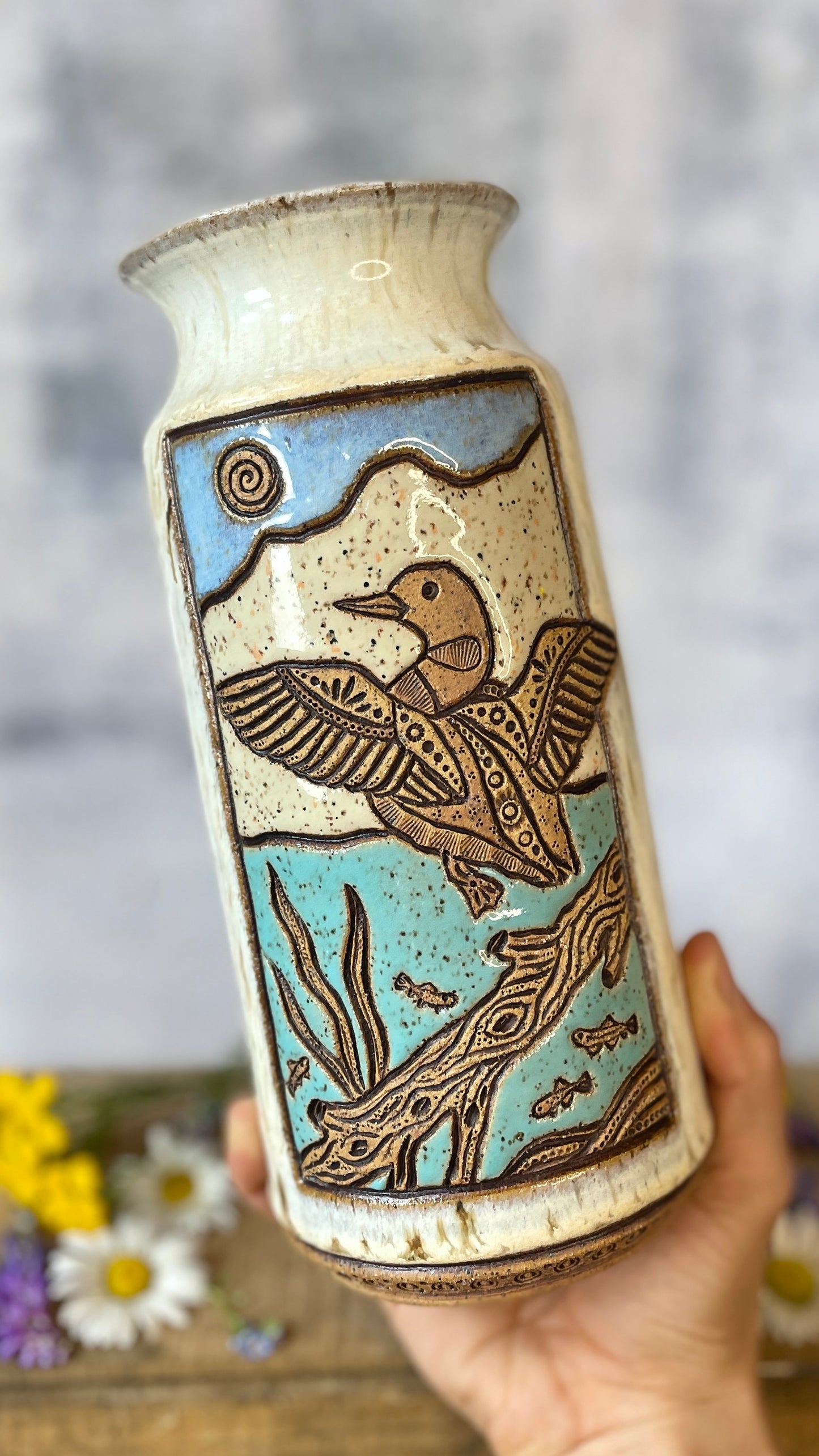 73. 8.75" Loon and Minnows Vase