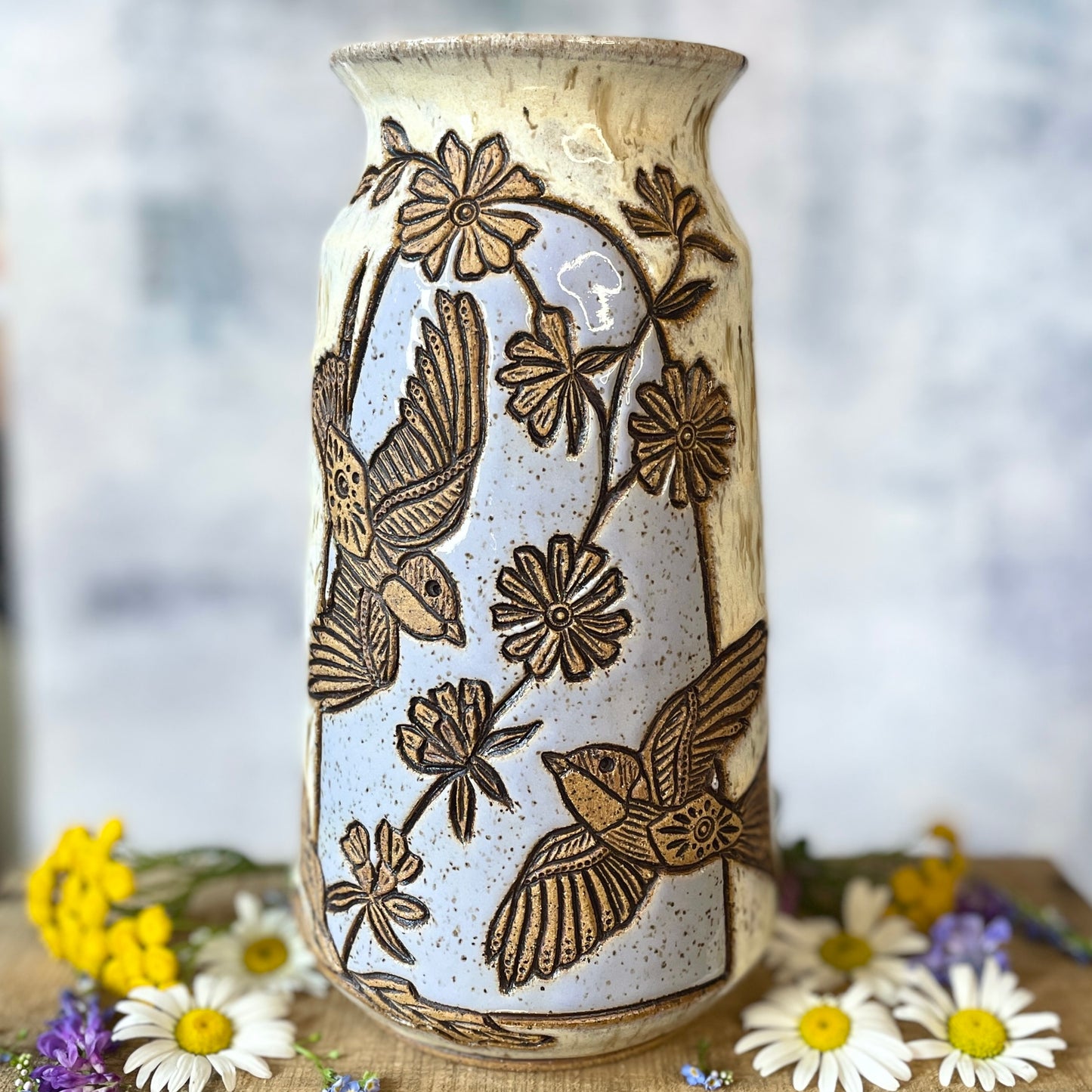 74. 8.5" Pair of Swallows and Chicory Vase
