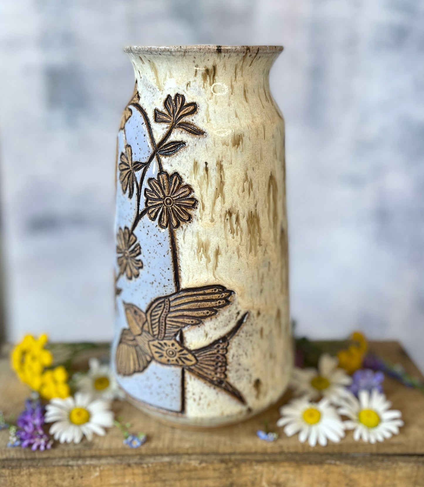 74. 8.5" Pair of Swallows and Chicory Vase