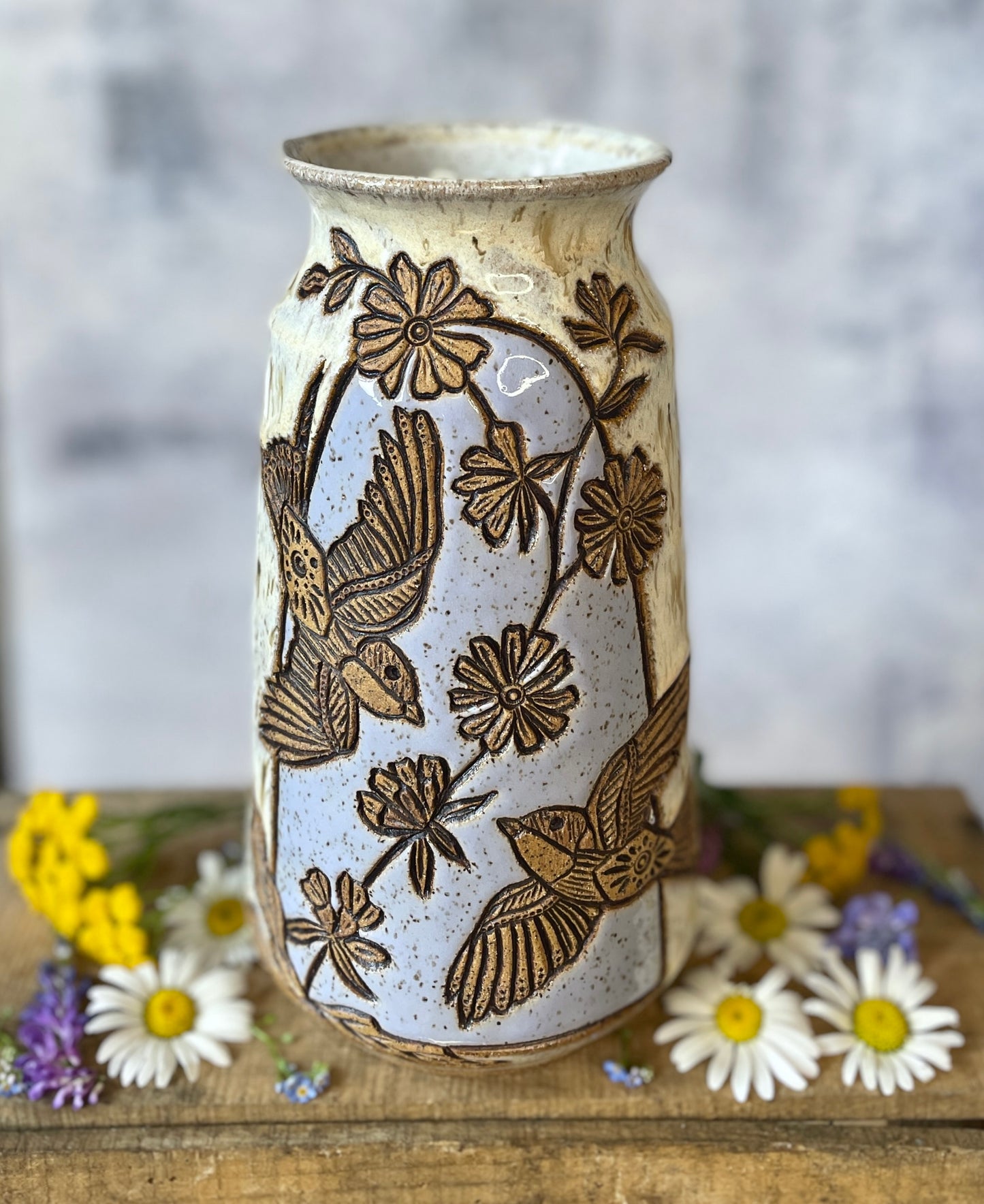 74. 8.5" Pair of Swallows and Chicory Vase