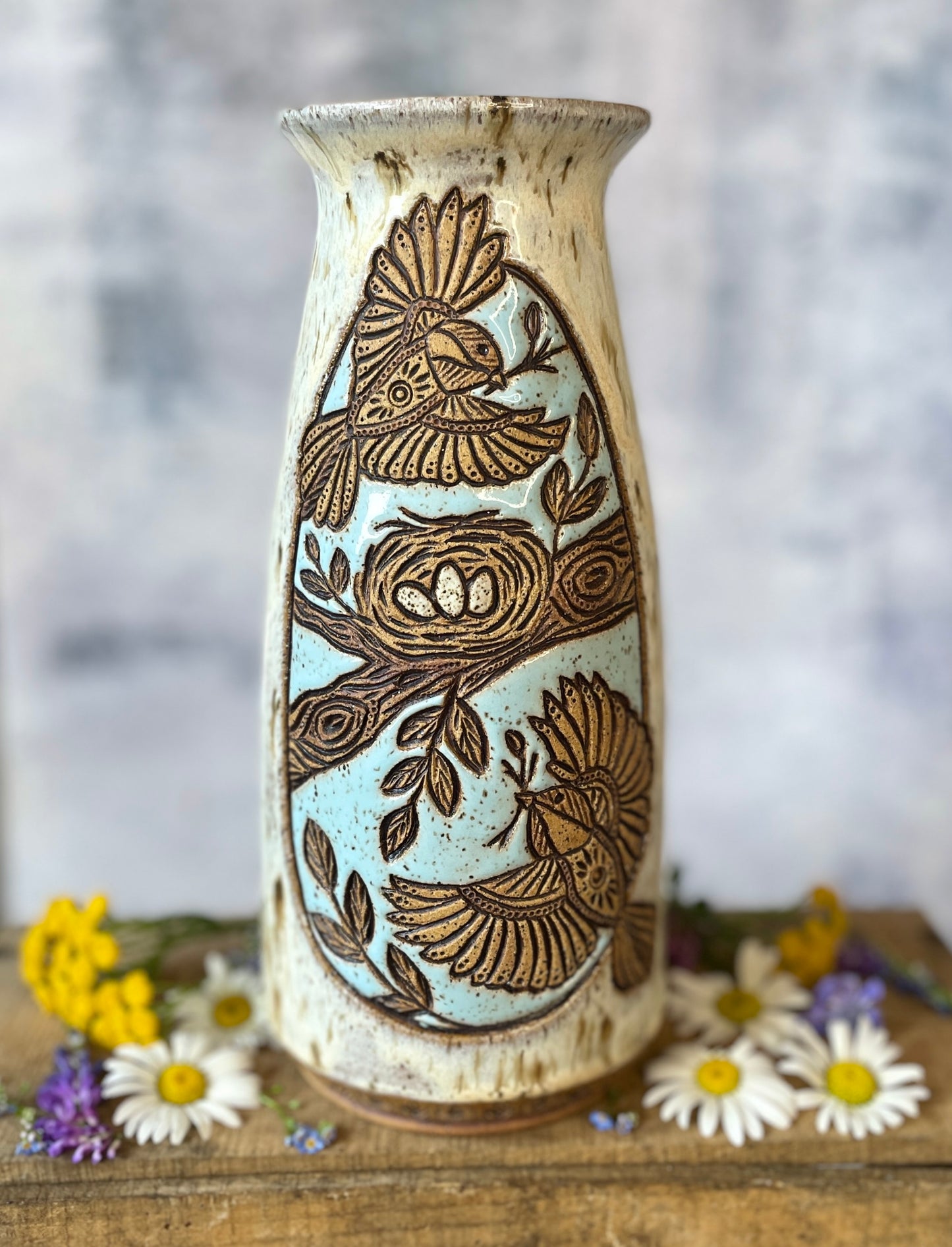 75. 9.5" Nesting Chickadees Vase