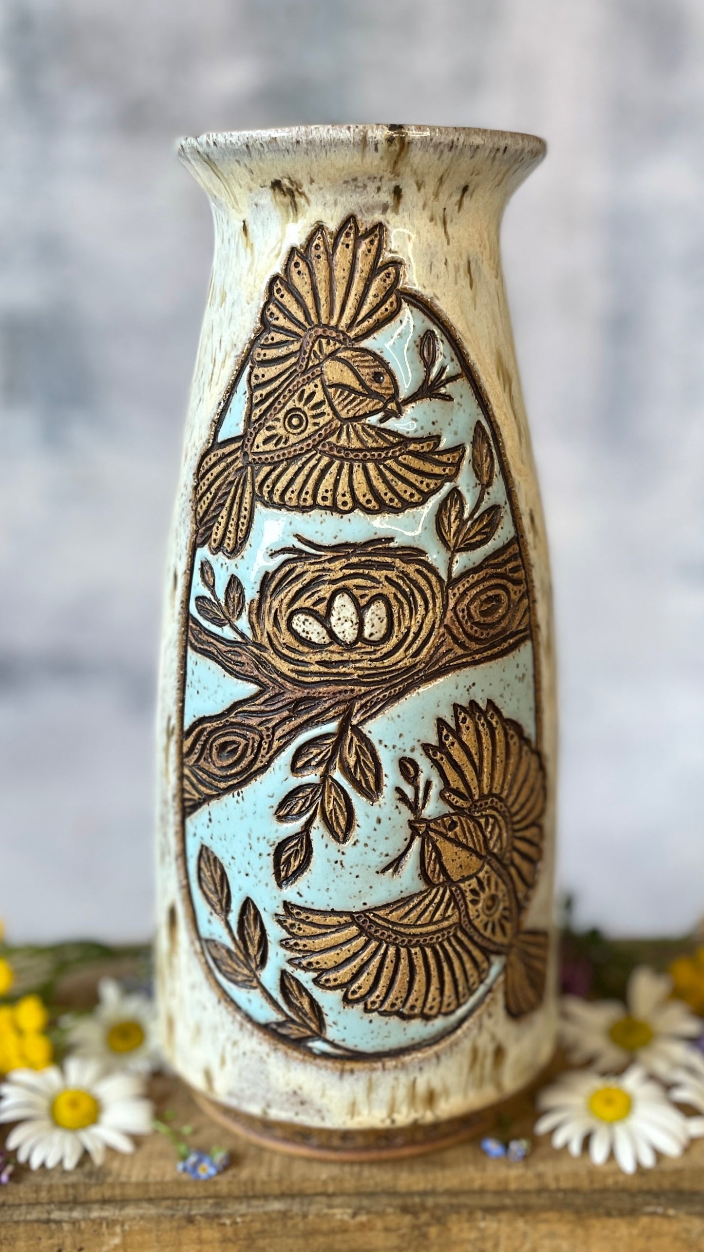 75. 9.5" Nesting Chickadees Vase