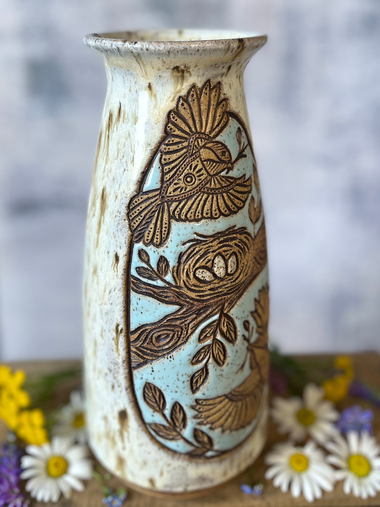 75. 9.5" Nesting Chickadees Vase