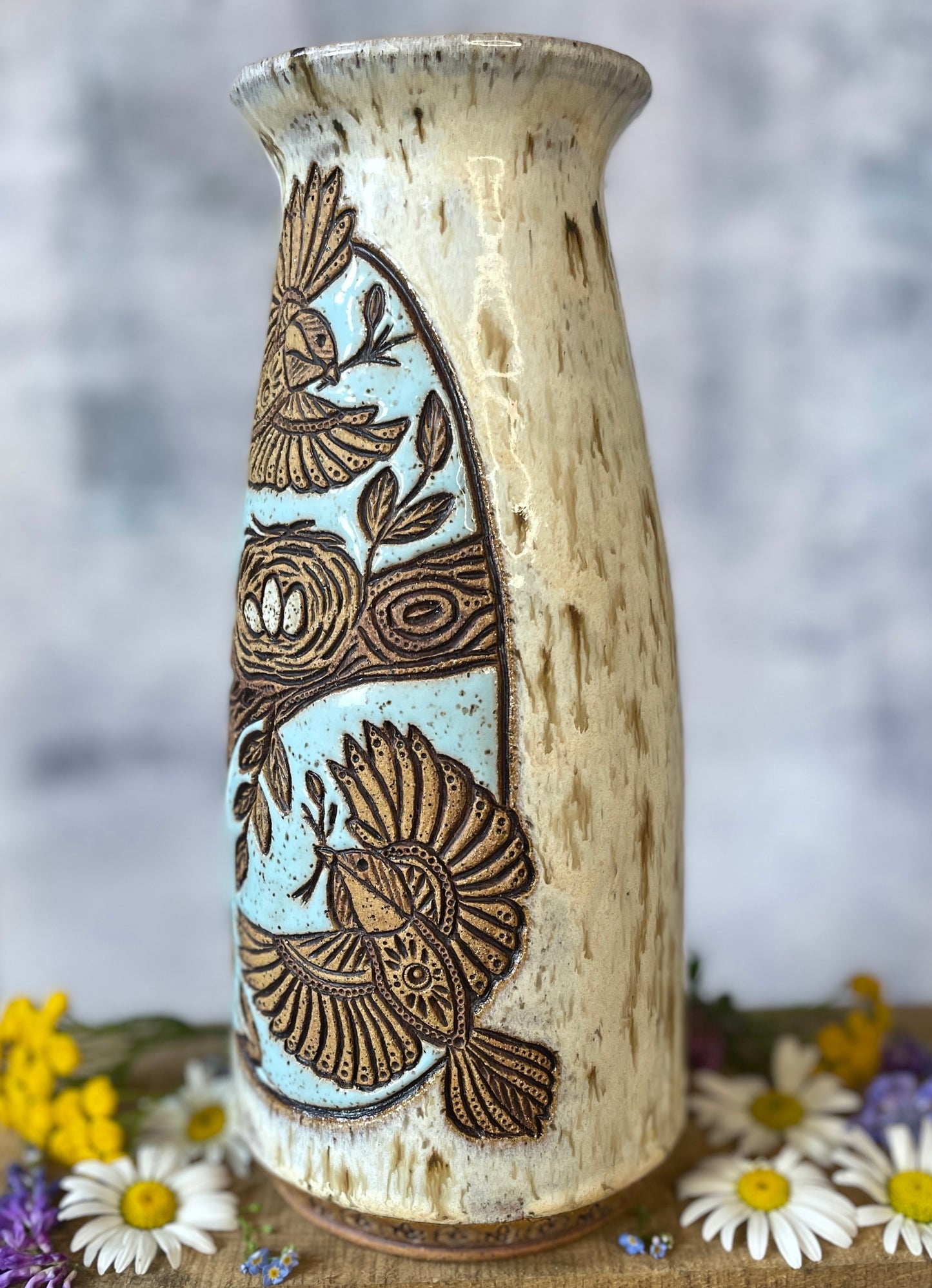 75. 9.5" Nesting Chickadees Vase