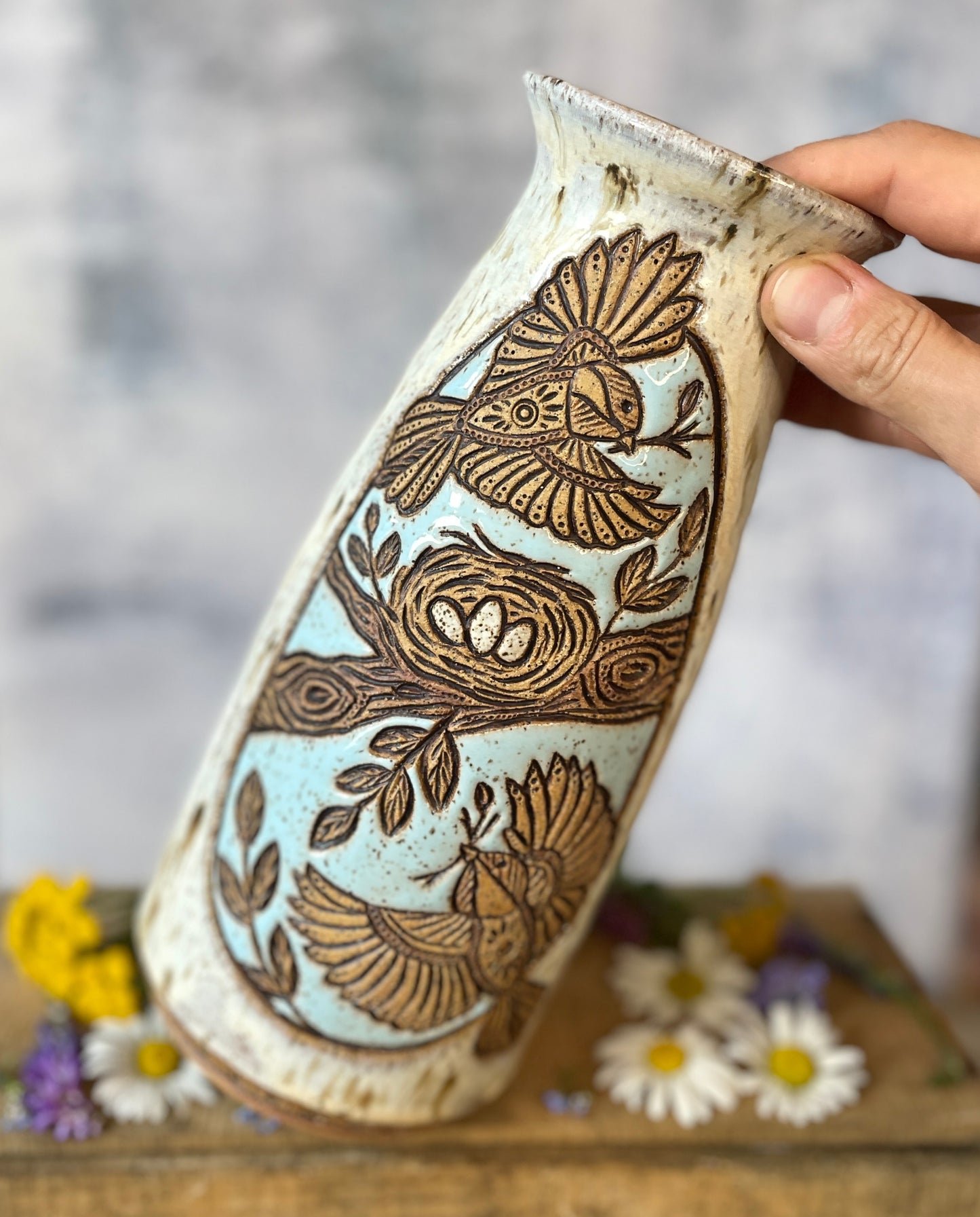 75. 9.5" Nesting Chickadees Vase