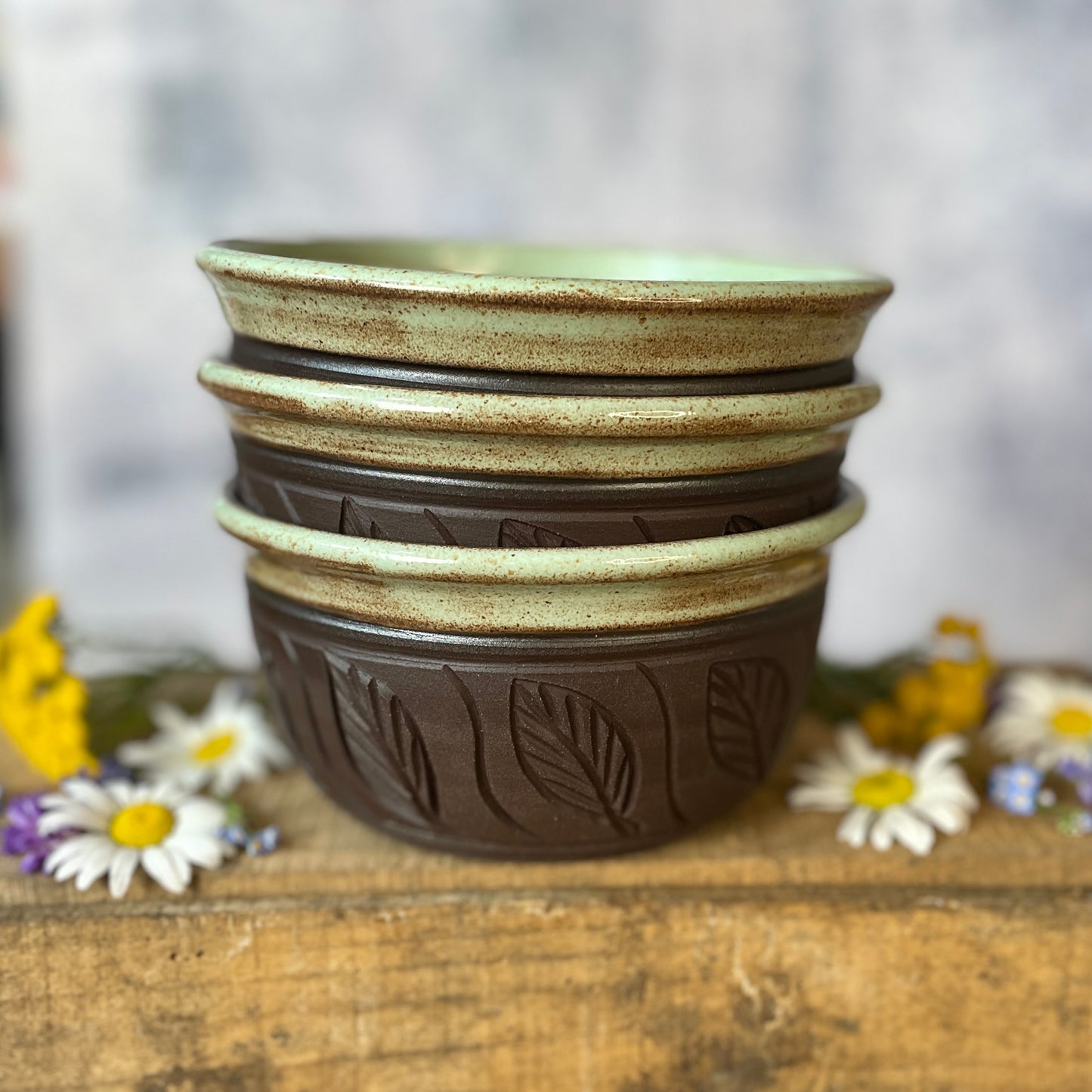 86. Set of Three 3"x5.5" Hand Carved Leaf Bowls
