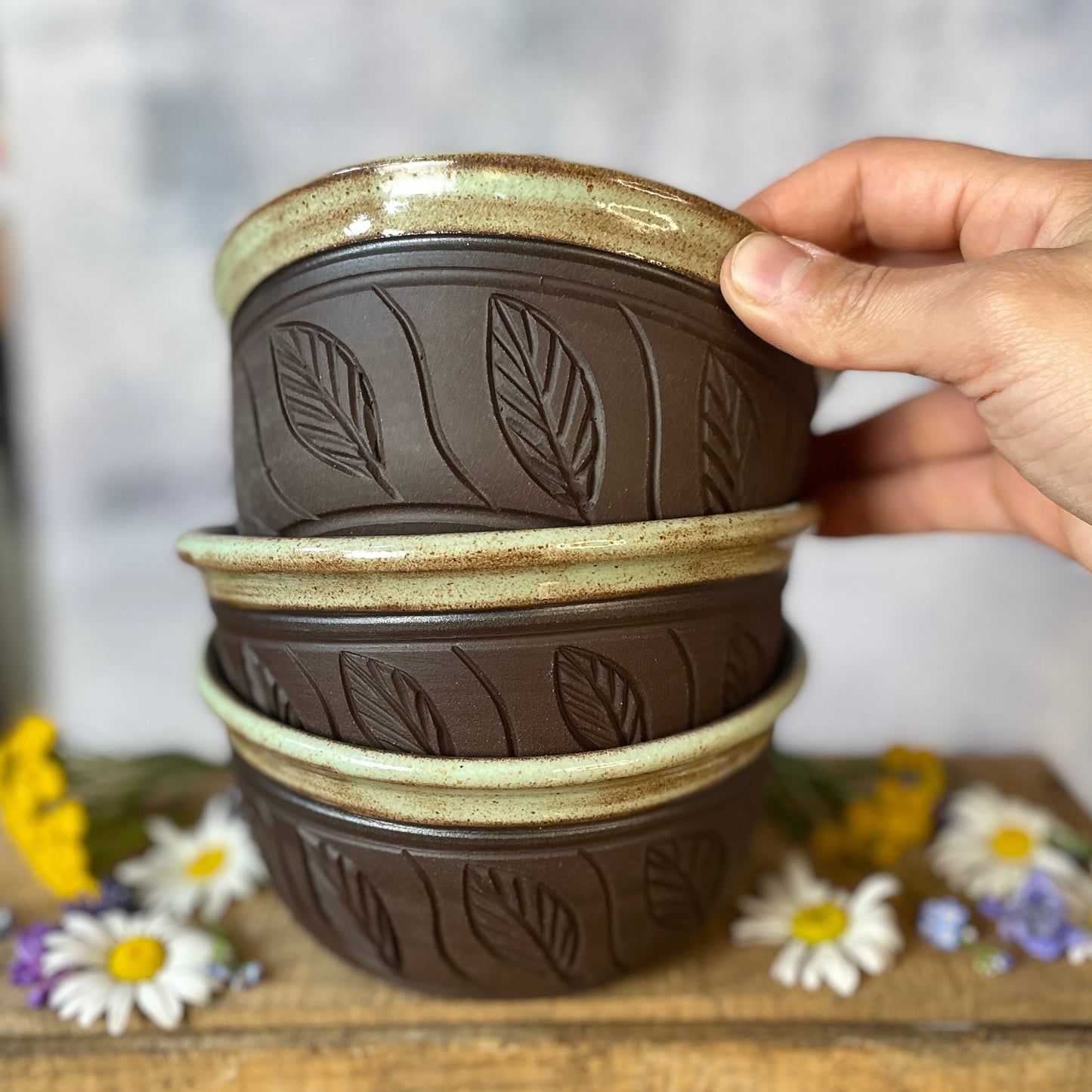 86. Set of Three 3"x5.5" Hand Carved Leaf Bowls