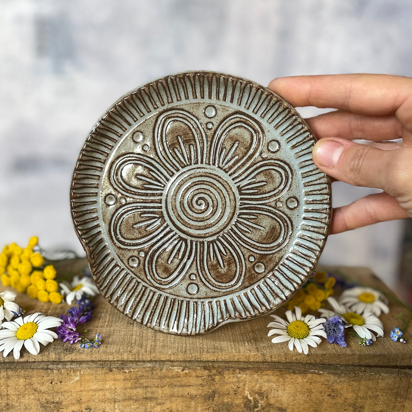 90. Hand Carved 6" Shino Flower Spoon Rest