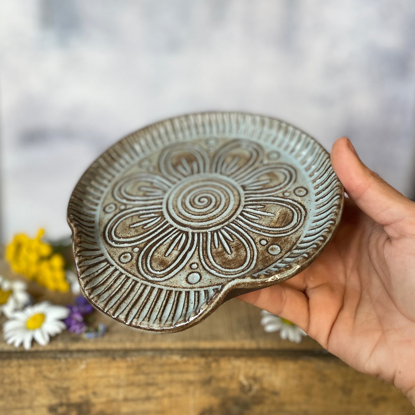 90. Hand Carved 6" Shino Flower Spoon Rest