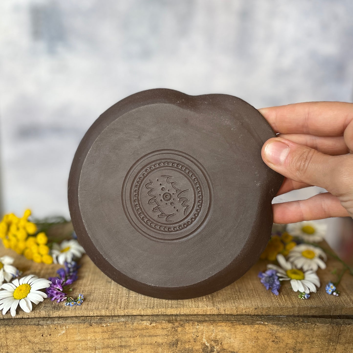 90. Hand Carved 6" Shino Flower Spoon Rest