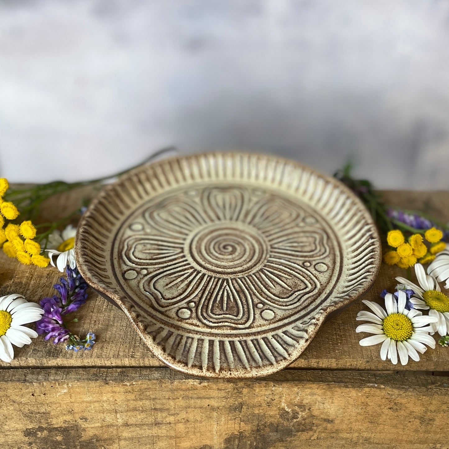 91. Hand Carved 6" Shino Flower Spoon Rest