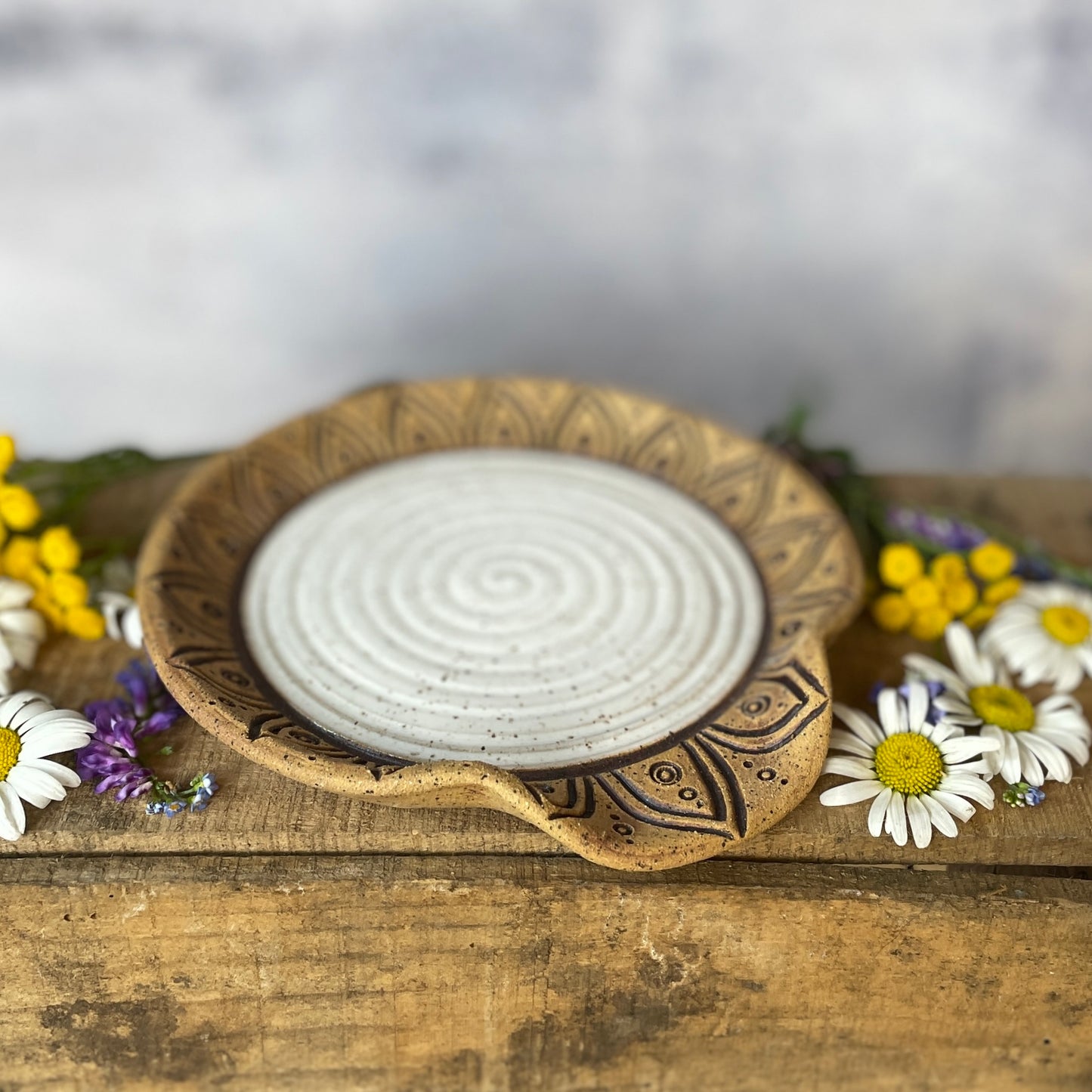 92. 6" Hand Carved Flower Spoon Rest