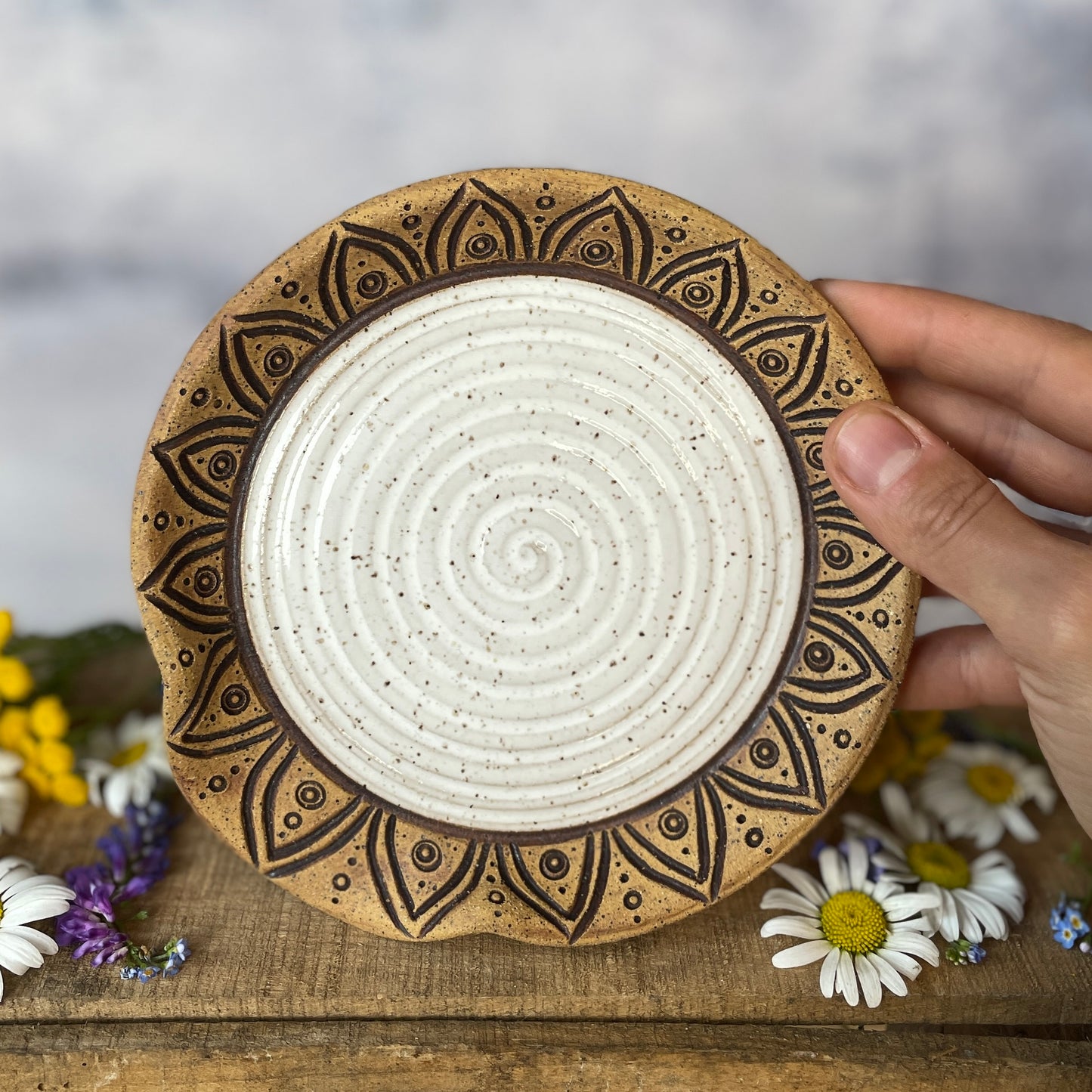 92. 6" Hand Carved Flower Spoon Rest