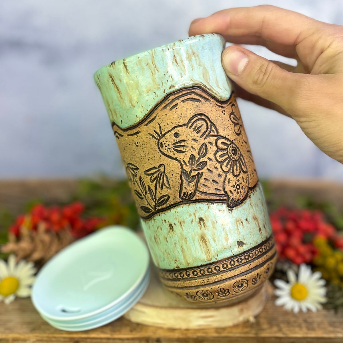 51. 18oz. Pika and Wildflowers Travel Tumbler