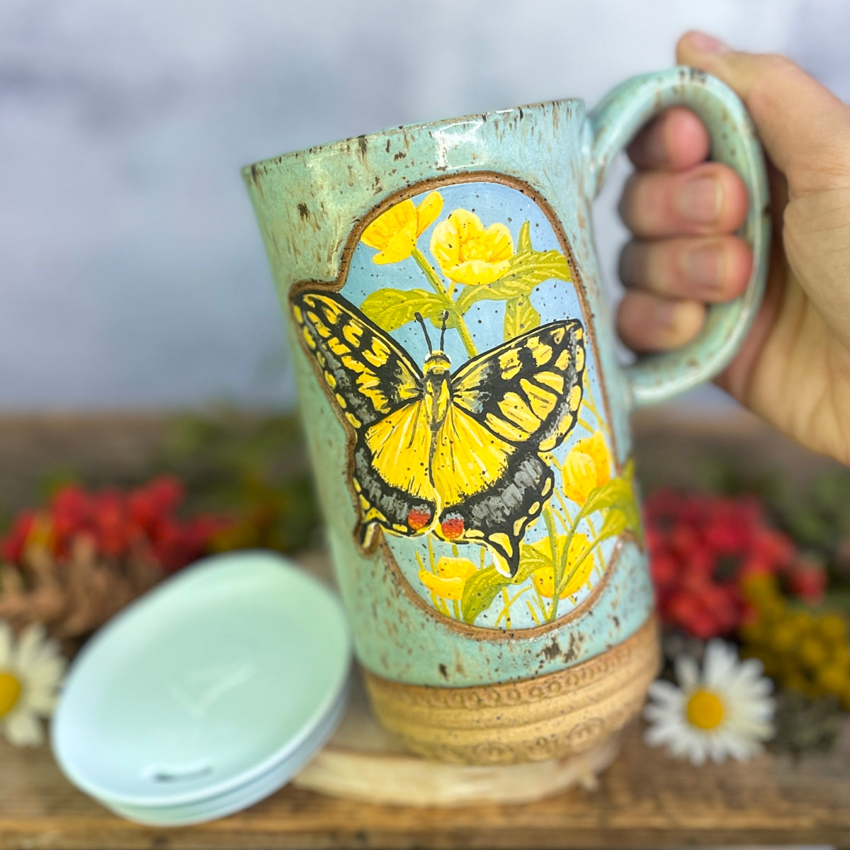 57. 18oz. Swallowtail and Buttercups Travel Mug